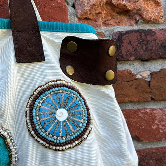 Mare Sole Amore Large Boho Embroidered / Beaded Canvas Leather Shoulder Bag - Picture 4 of 13